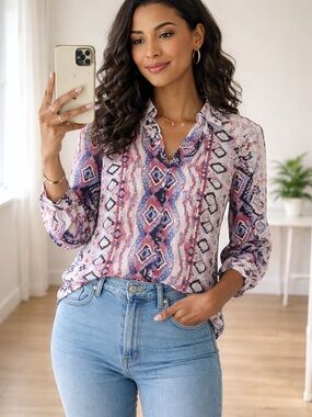 Esprit Pink & Blue Geometric-Print Button Down Blouse